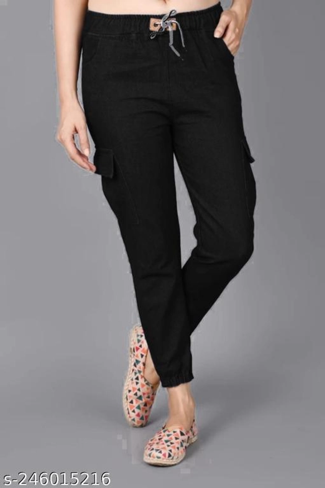 Denim Solid Joggers for Girls (Black, 12-13 Years)