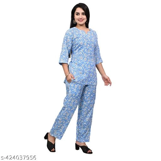 Rayon Printed Nightsuit for Women (Sky Blue, S)