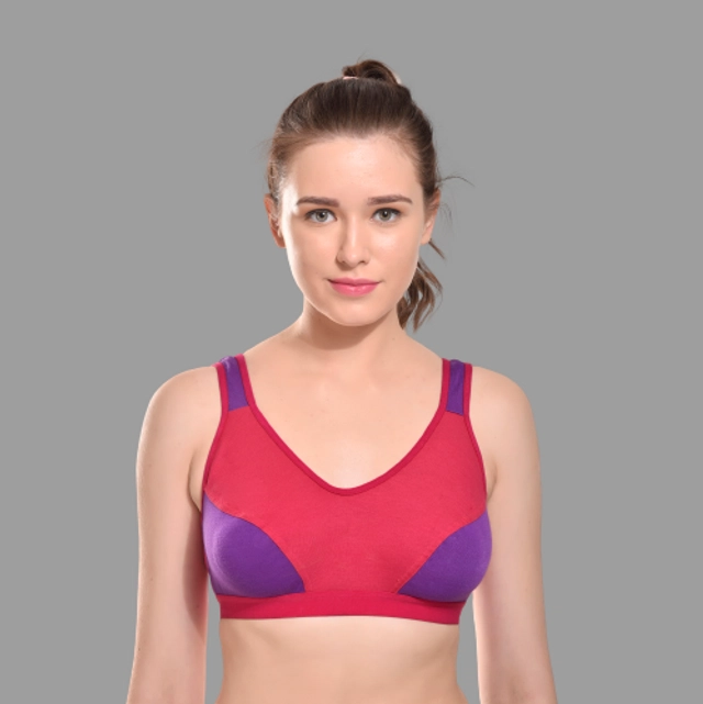 Cotton Colorblocked Non-Padded Sports Bra for Women (Pink & Purple, 28)