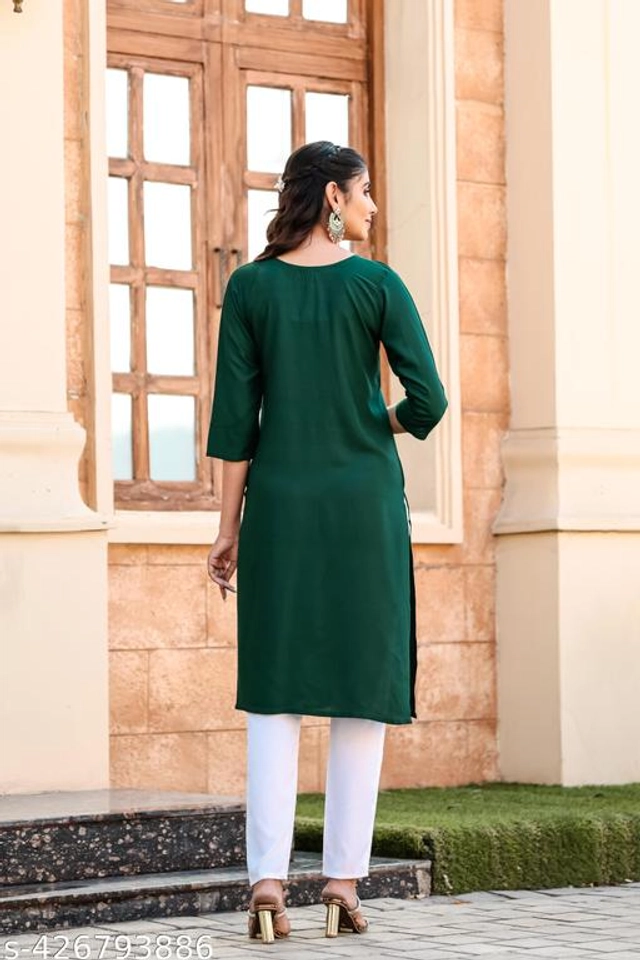 Cotton Embroidered Kurti for Women (Bottle Green, S)