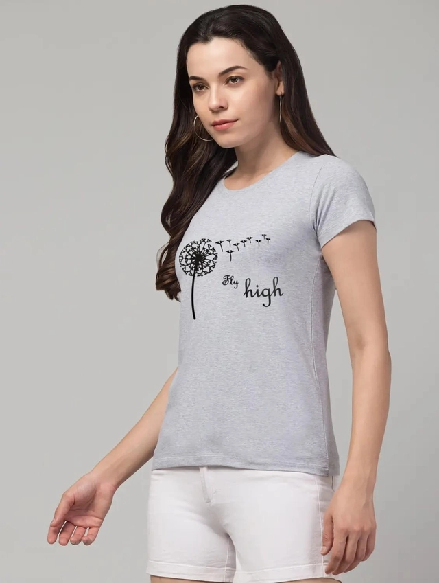 Round Neck Printed T-Shirt for Women (Grey, S)