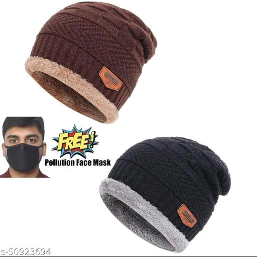 Woolen Cap (2 Pcs) with Mask for Men (Multicolor, Set of 2)