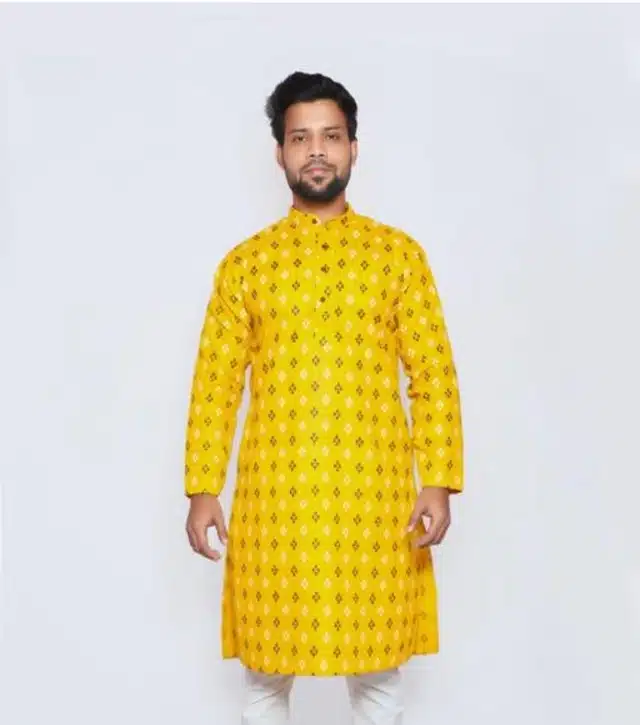 Cotton Printed Full Sleeves Kurta for Men (Yellow, M)