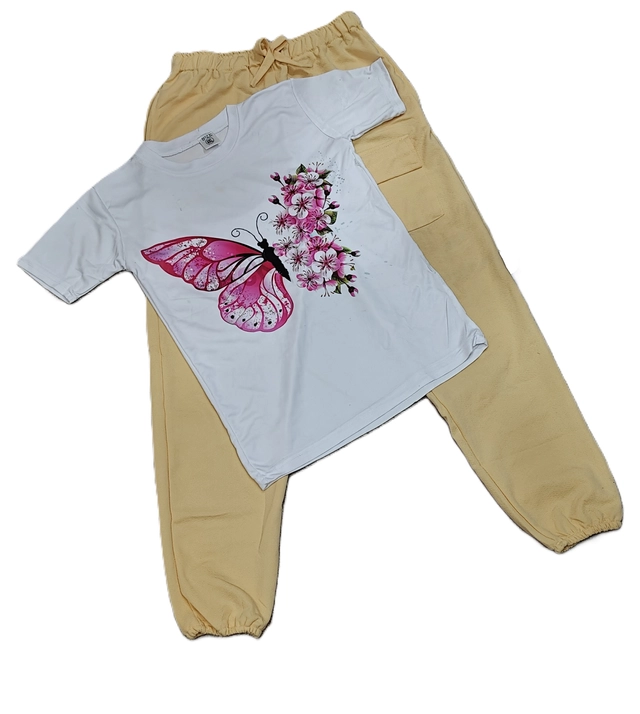 Cotton Blend Printed Clothing Set for Girls (Beige & White, 9-10 Years)