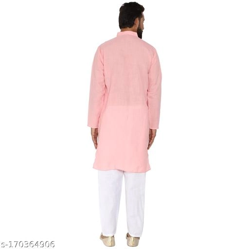 Cotton Blend Solid Kurta with Pyjama for Men (Pink & White, S)