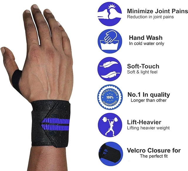 Adjustable Strap Wrist Band for Men & Women (Black & Blue, Set of 1)