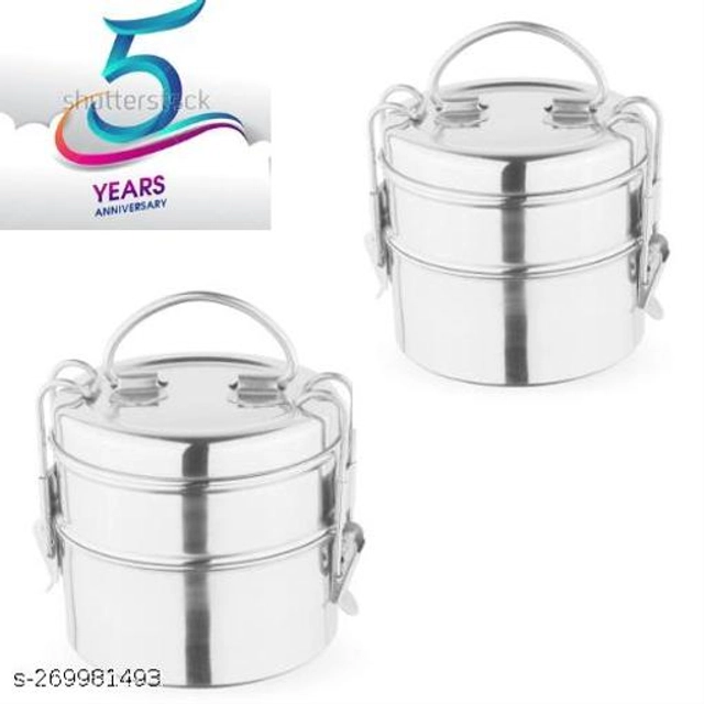 Stainless Steel 2 Layer Lunch Box (Silver, Pack of 2)