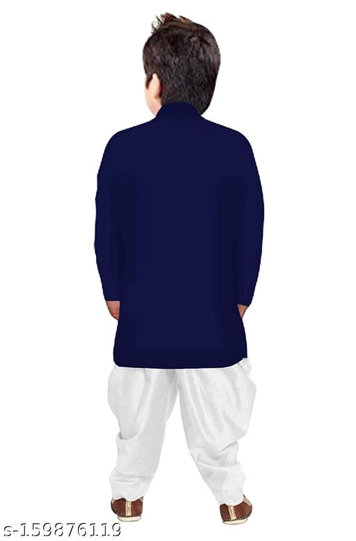 Cotton Solid Kurta with Pyjama for Boys (2-3 Years, Navy Blue & White)