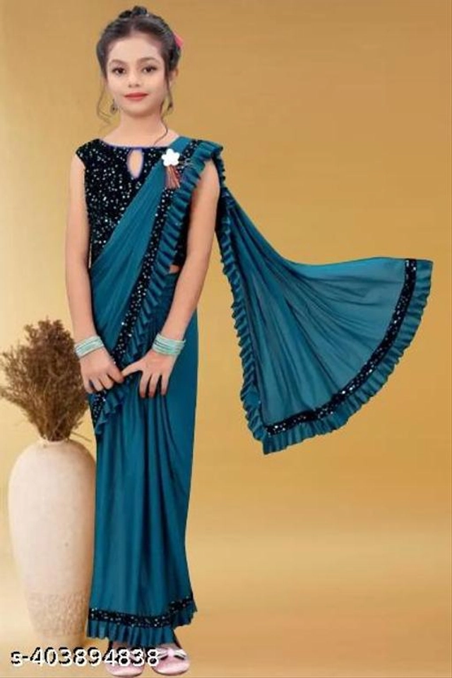 Poly Silk Solid Saree with Blouse for Girls (Teal, 3-4 Years)