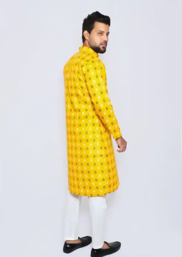 Cotton Printed Full Sleeves Kurta with Pyjama for Men (Yellow, M)