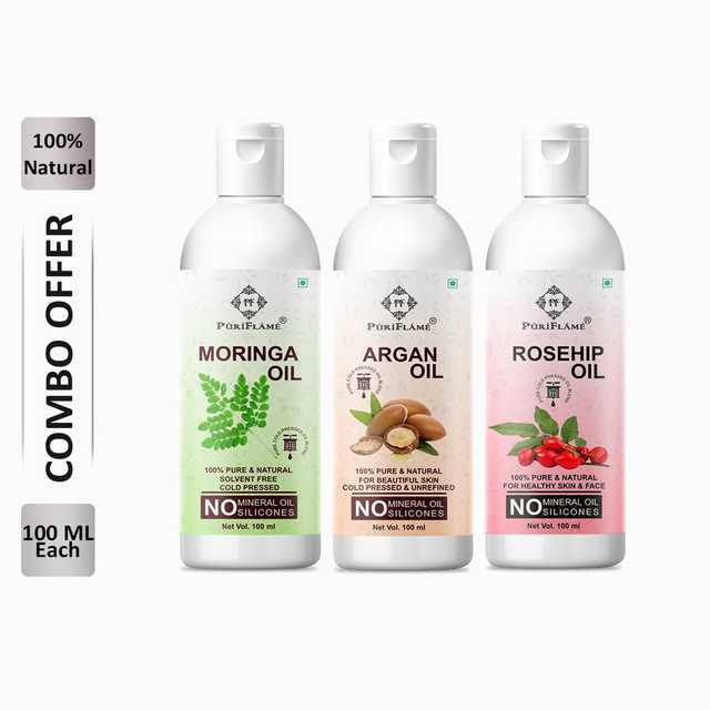 PuriFlame Pure Moringa Oil (100 ml) & Argan Oil (100 ml) & Rosehip Oil (100 ml) Combo For Rapid Hair Growth (Pack Of 3) (B-5378)