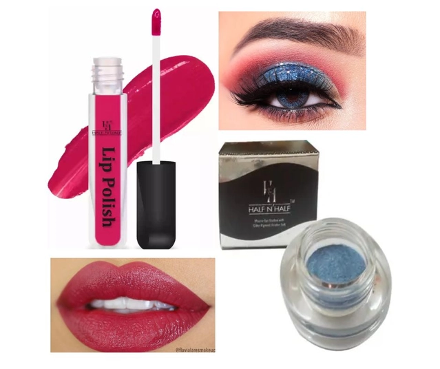 Combo of Mousse Glitter Pigment Eyeshadow with Lip Polish (Blue & Cherry, Set of 2)