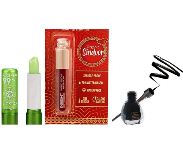 Combo of Aloevera Lip Balm with Waterproof Organic Sindoor & Eyeliner (Multicolor, Set of 3)