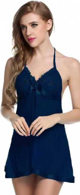 Beach Curve Women Netted Lace Self-Design Baby Doll Set (Navy Blue) (Bc_02)