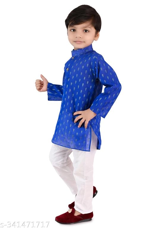 Cotton Blend Printed Kurta with Pyjama for Boys (Blue & White, 0-3 Months)