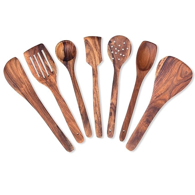 Wooden Utensils Set for Kitchen (Brown, Set of 7)