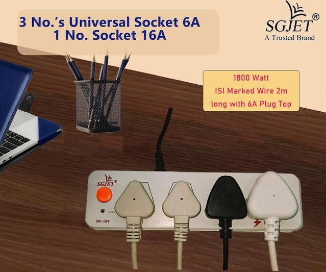 SGJET 3 UNIVERSAL SOCKET 6A, No 1. Socket 16 A with high quality ISI marked 2 mtr copper wire Extension Boards  (White)