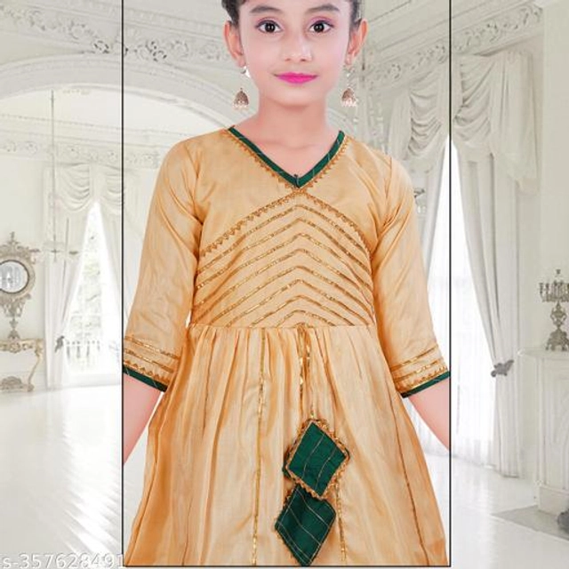 Poly Silk Kurta Sets for Girls (Beige & Green, 2-3 Years)