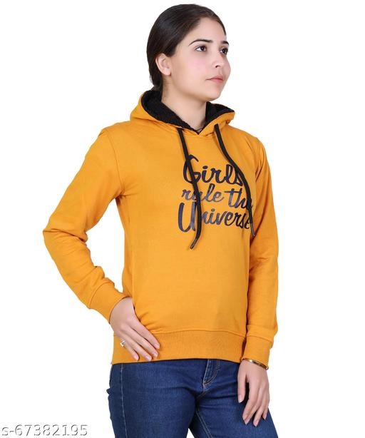 Cotton Blend Printed Hoodie for Women (Yellow, M)