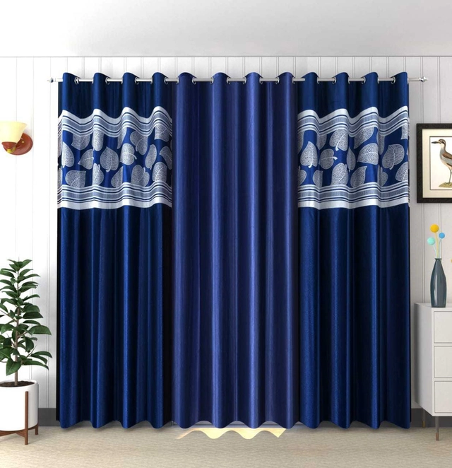 Polyester Room Darkening Printed Door Curtains (Navy Blue, 7 Feet) (Set of 3)