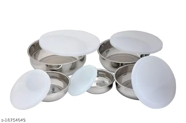 Jensons Stainless steel with white plastic lid for storing and serving food Containers (Set of 5 PC)