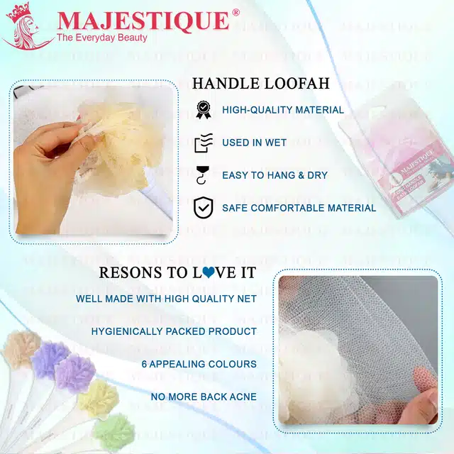 Majestique Shower Scrub Sponge with Long Handle Back Scrubber Brush and Body Wash Puff (Combo of 3) (B-08)