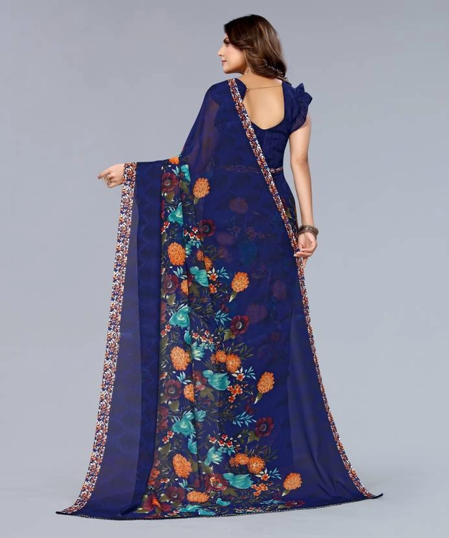 Georgette Printed Saree For Women (Blue, 6 M)