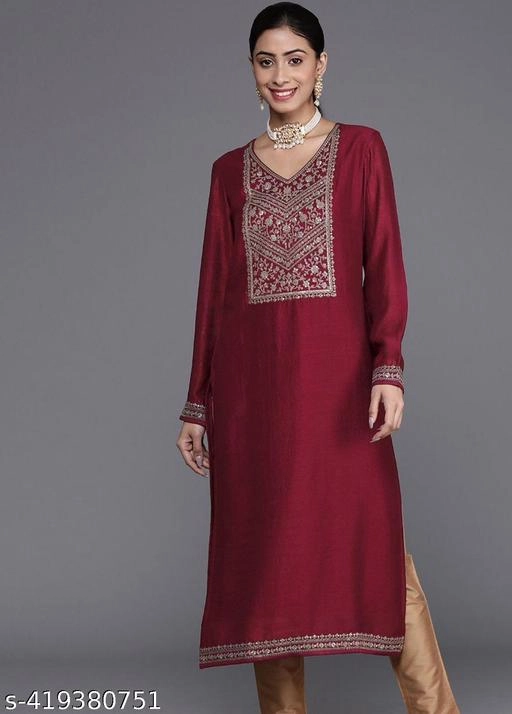 Silk Blend Embroidered Kurti for Women (Maroon, XS)