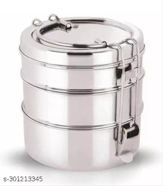 Stainless Steel 3 Compartment Lunch Box (Silver, Pack of 2)