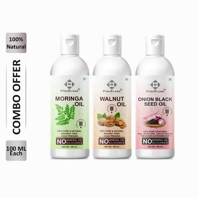 PuriFlame Pure Moringa Oil (100 ml) & Walnut Oil (100 ml) & Onionblackseed Oil (100 ml) Combo For Rapid Hair Growth (Pack Of 3) (B-5665)