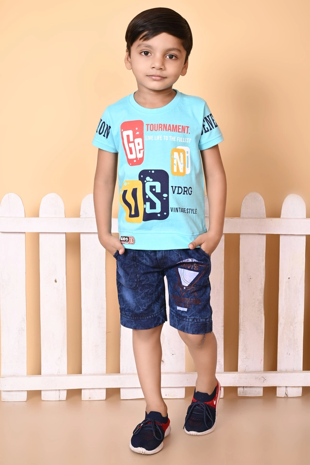 Cotton Blend Printed Clothing Set for Boys (Blue, 1-2 Years)