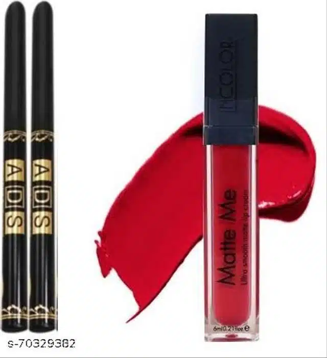 Premium Liquid Lipsticks with 2 Pcs ADS Kajal (Red & Black, Set of 2)