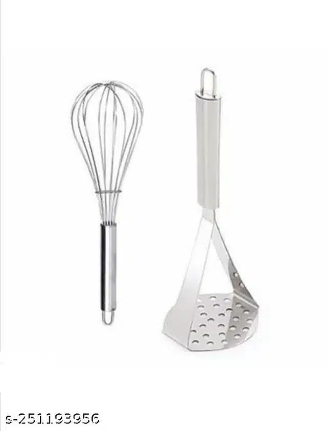 Stainless Steel Masher with Egg Beater & Pizza Cutter (Silver, Set of 3)