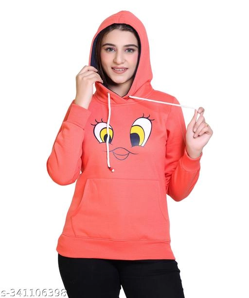 Fleece Printed Hoodie for Women (Red, M)