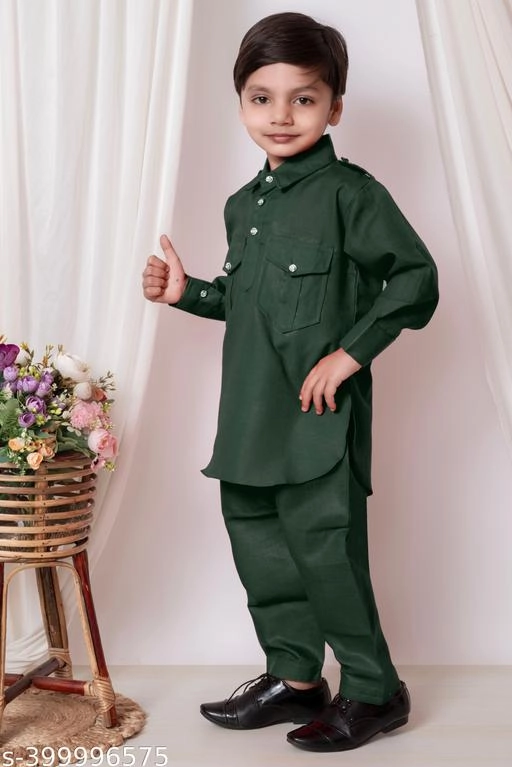 Cotton Solid Kurta with Pyjama for Boys (Green, 1-2 Years)