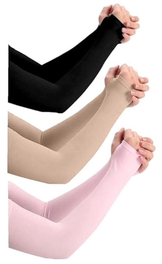 Lycra Solid Full Hand Gloves for Men & Women (Multicolor, Set of 3)