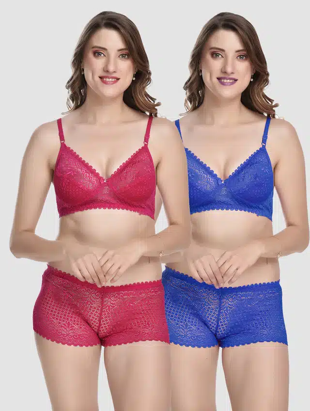 Women's Bra and Panty Set (Pink & Blue, 34) (Set of 2) (F-2252)