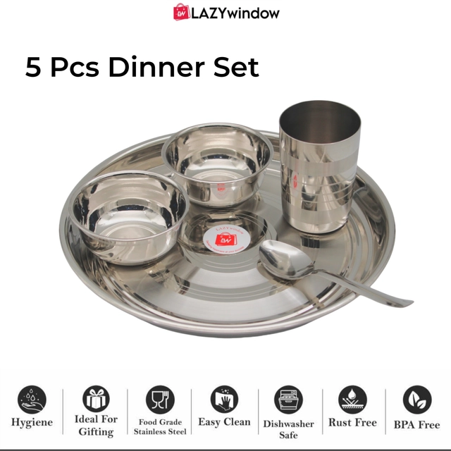 Stainless Steel Thali, 2 Pcs Bowls, Glass & Spoon Dinner Set (Silver, Set of 5)