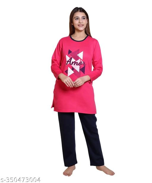 Wool Nightsuit for Women (Dark Pink & Blue, M)