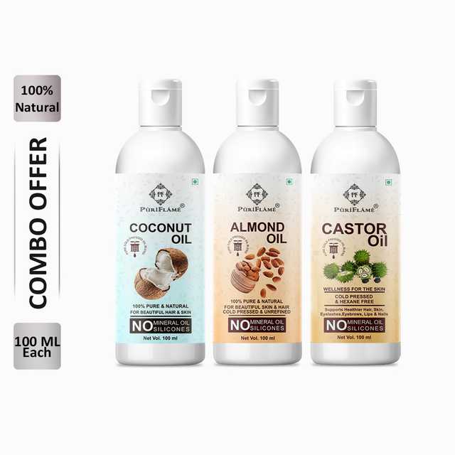 PuriFlame Pure Coconut Oil (100 ml) & Almond Oil (100 ml) & Castor Oil (100 ml) Combo For Rapid Hair Growth (Pack Of 3) (B-3641)