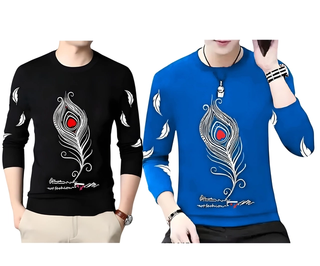 Round Neck Printed T-Shirts for Men (Black & Royal Blue, S) (Pack of 2)