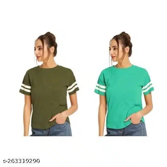 Half Sleeves T-Shirts for Women (Olive & See Green, S) (Pack of 2)