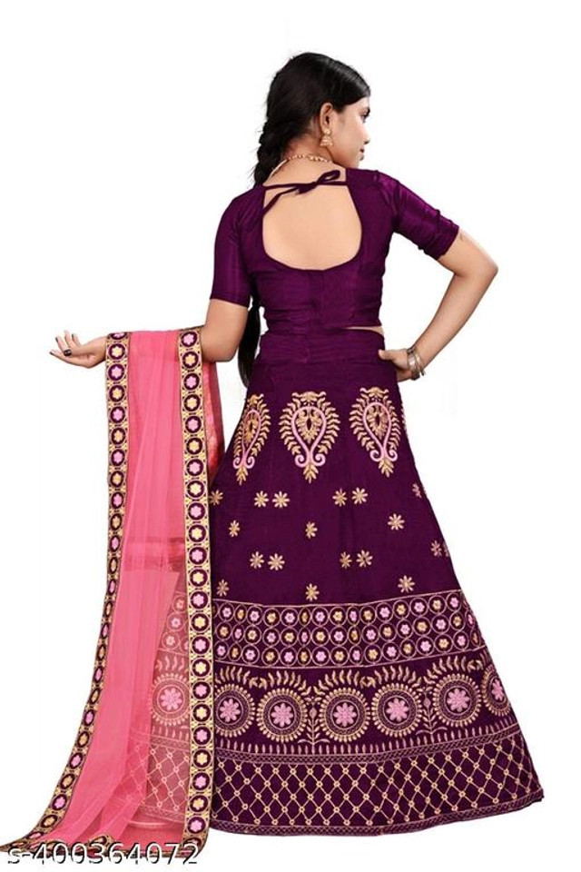 Satin Embroidered Lehenga with Choli & Dupatta for Girls (Puple & Pink, 2-3 Years)