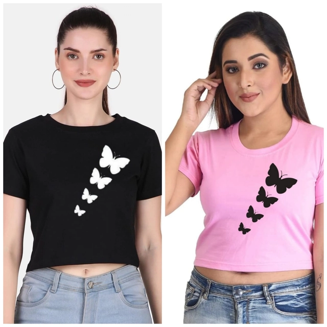 Round Neck Printed Crop T-Shirts for Women & Girls (Black & Pink, S) (Pack of 2)