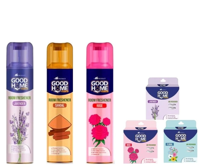 Combo of Goodhome Sandal, Lavender & Rose Room Freshener (130 g, Pack of 3) with 3 Pcs Free Hanging Sachet (Set of 6)