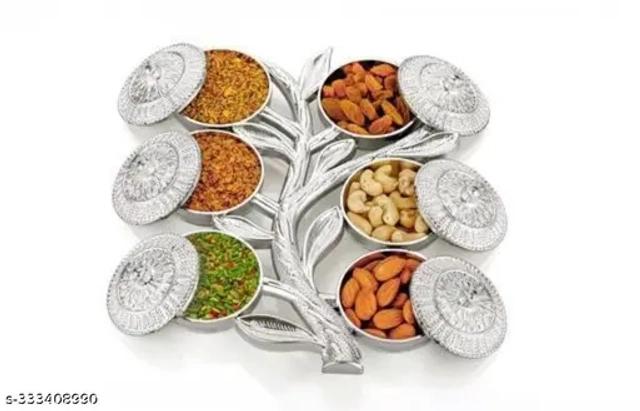 MAGIC PLUS Multipurpose Tree Shape 6 Section Royal Design Silver Storage Dry Fruit Tray /Gift Box / Dry Fruits Box (Pack Of 1)
