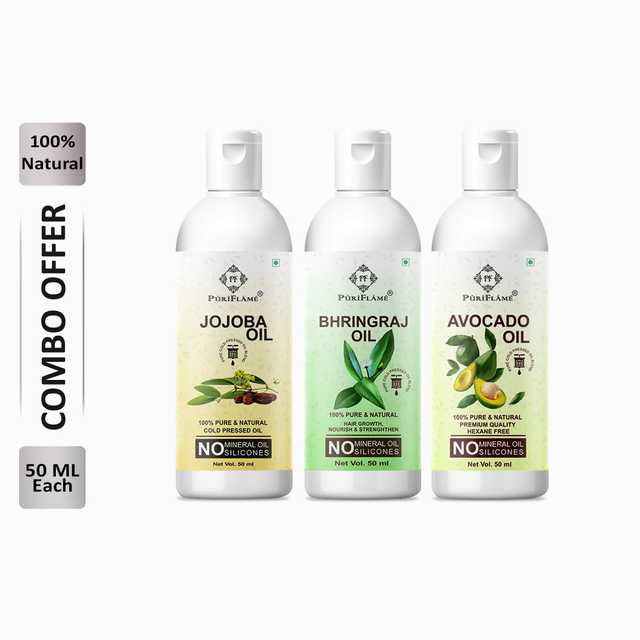 Puriflame Pure Jojoba Oil (50 ml), Bhringraj Oil (50 ml) & Avocado Oil (50 ml) Combo for Rapid Hair Growth (Pack of 3) (B-11401)