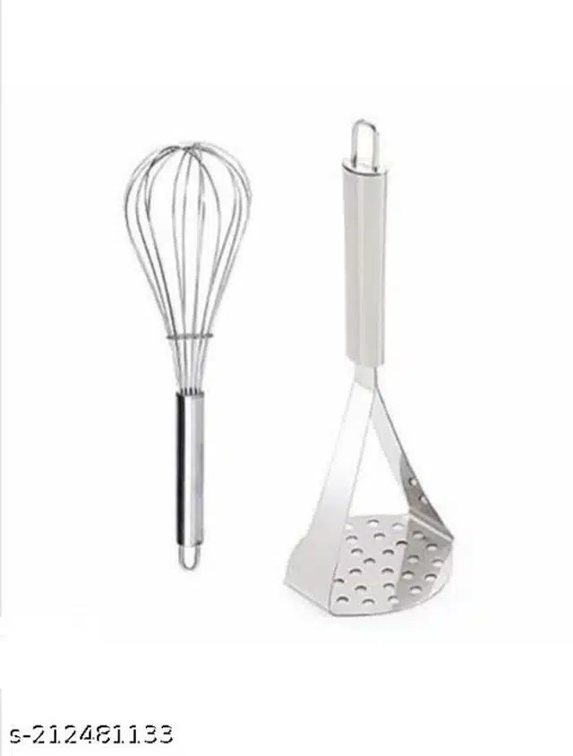 Stainless Steel Egg Beater with Pizza Cutter & Masher (Silver, Set of 3)