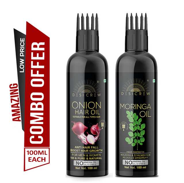 Desi Crew Pure Onion Oil & Moringa Oil For Skin, Body & Hair Care (Pack Of 2, 100 ml) (KGE-387)