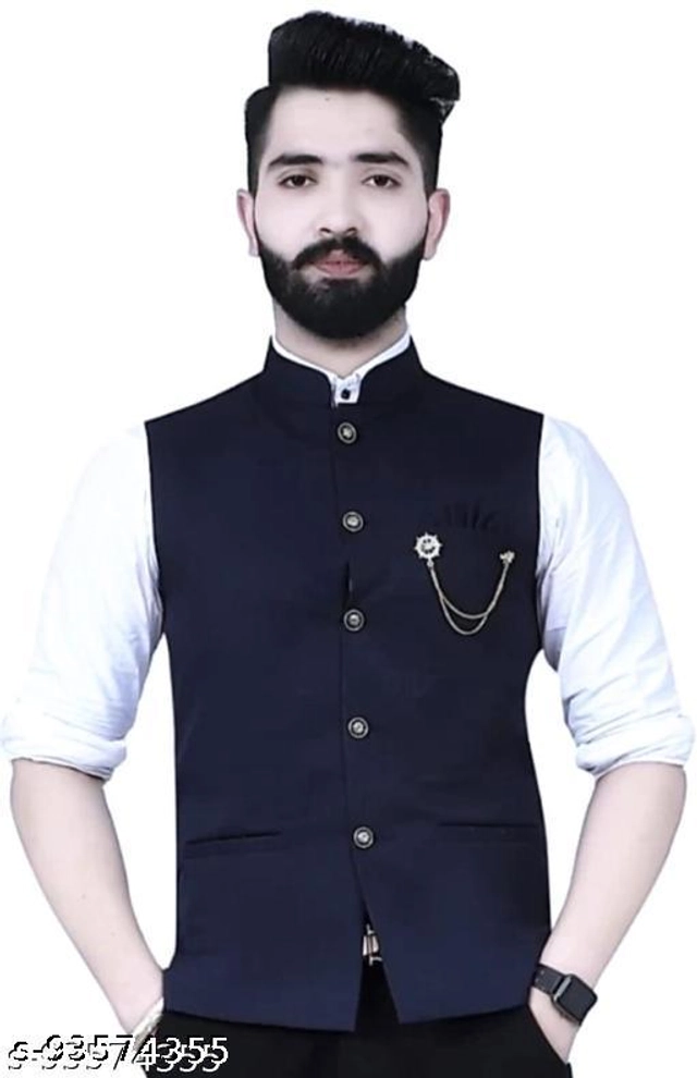 Cotton Slub Ethnic Jacket for Men (Navy Blue, M)